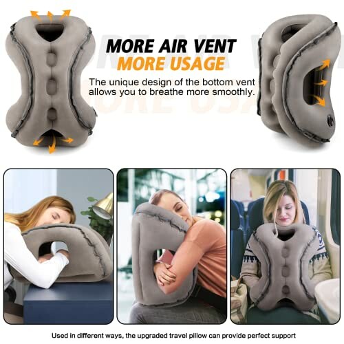 Inflatable travel pillow with air vents and multiple usage positions.