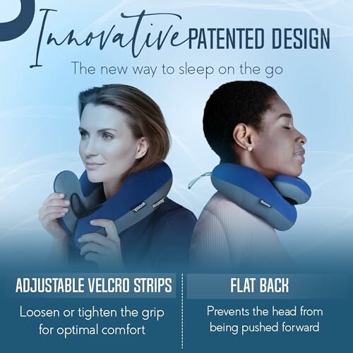 Two people using innovative travel neck pillows with adjustable velcro strips and flat back design.