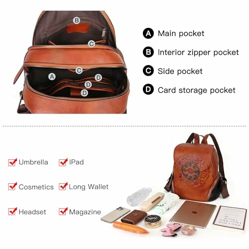 Open leather backpack with labeled pockets and contents displayed, including an umbrella, iPad, cosmetics, long wallet, headset, and magazine.