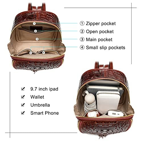 Leather backpack with organized pockets and items inside.