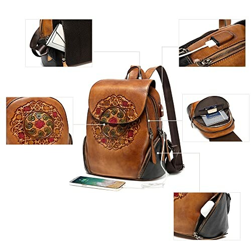 Brown leather backpack with colorful embroidery and multiple compartments.