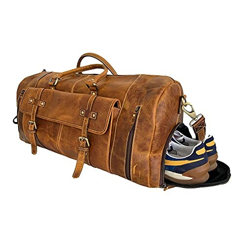 Leather duffel bag with shoe compartment open showing sneakers.