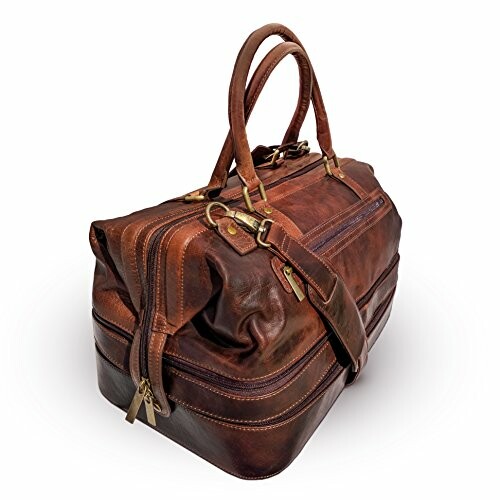 Brown leather duffel bag with shoulder strap and handles