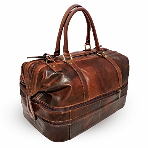 Brown leather duffel bag with handles