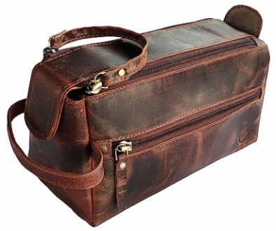 Brown leather toiletry bag with zipper compartments