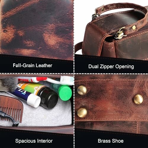 Features of a leather travel bag with full-grain leather, dual zipper opening, spacious interior, and brass shoe.