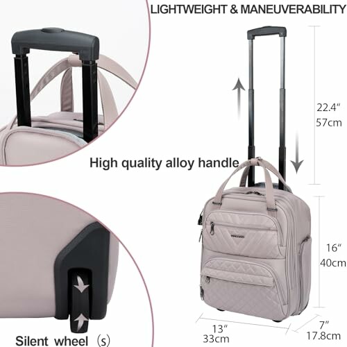 Lightweight carry-on luggage with telescopic handle and silent wheels.