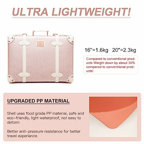 Ultra lightweight pink suitcase with dimensions and weight details