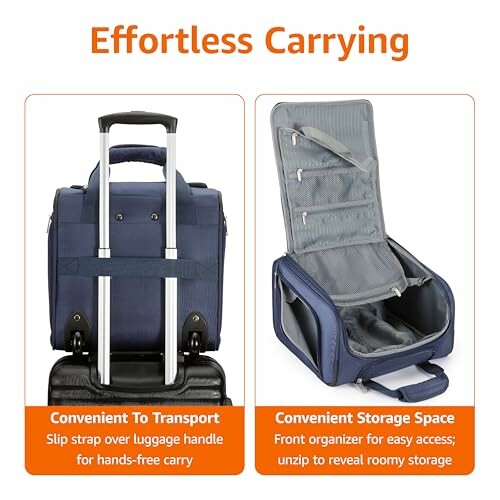 Luggage with slip strap and front organizer for easy carrying and storage.