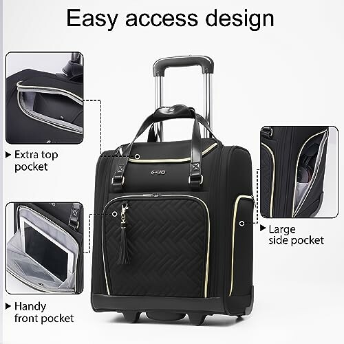 Black luggage with extra top and large side pockets, easy access design