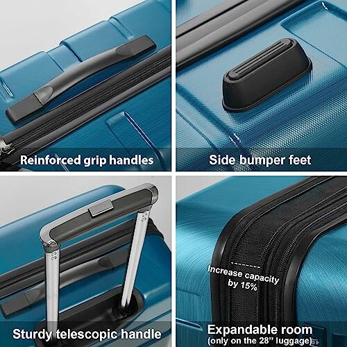 Luggage with reinforced grip handles, side bumper feet, sturdy telescopic handle, and expandable room.