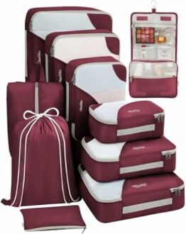 Set of burgundy luggage organizers with various compartments and pouches.