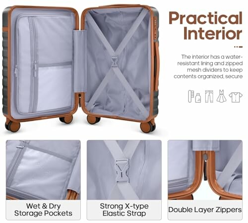 Open luggage with practical interior features including storage pockets, elastic strap, and double layer zippers.