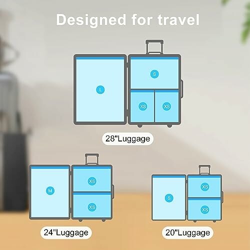 Illustration of luggage sizes labeled for travel.