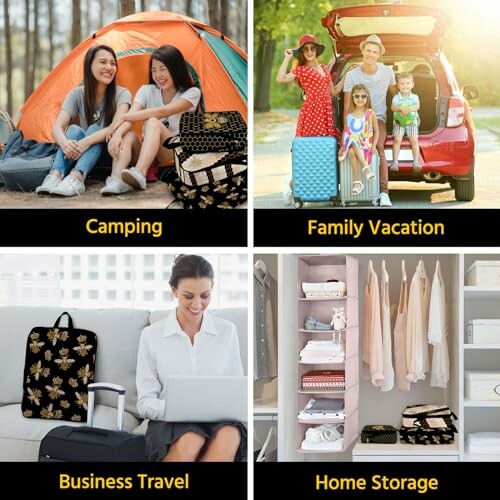 Collage of four images showing different luggage use cases: camping, family vacation, business travel, and home storage.