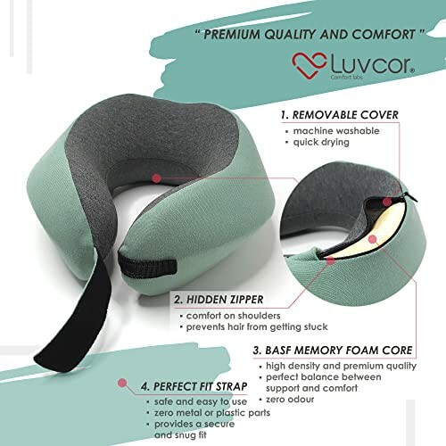 Luvcor neck pillow with removable cover, hidden zipper, and memory foam core.