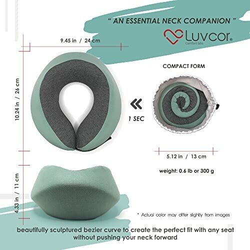 Luvcor neck pillow with compact design and dimensions.