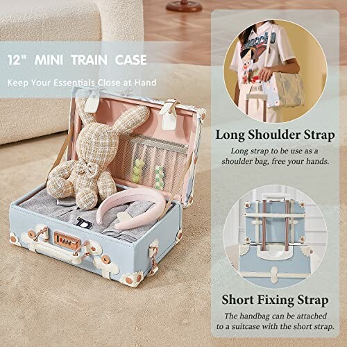 Mini train case open with teddy bear and accessories, showcasing long shoulder strap and short fixing strap options.