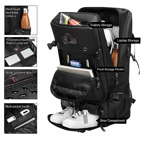 Black backpack with multiple compartments for laptop, shoes, and toiletries.