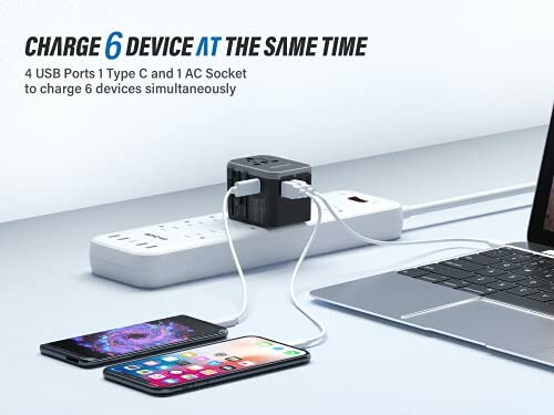 Power strip with multiple devices charging simultaneously.