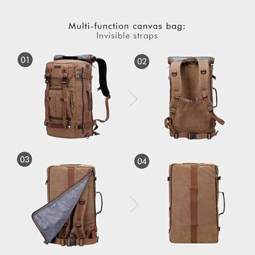 Four views of a brown multi-function canvas bag with invisible straps.