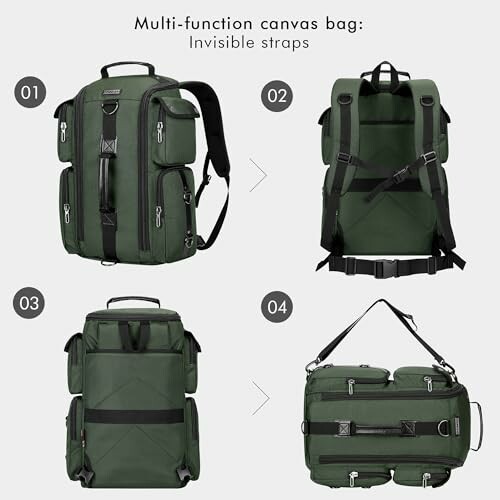 Multi-function canvas bag with invisible straps in four views.