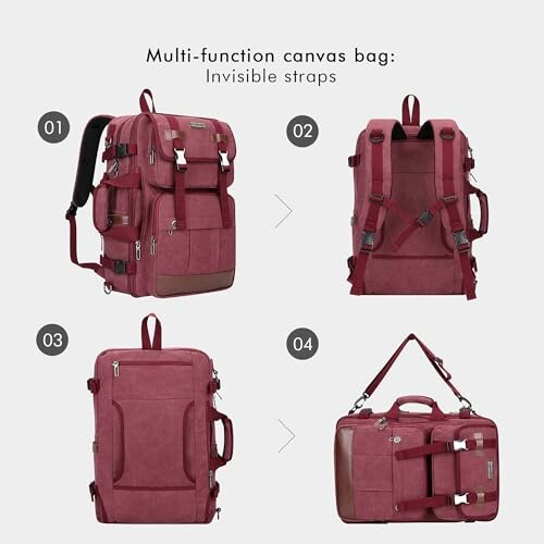 Red multi-function canvas bag with invisible straps, shown in various configurations.