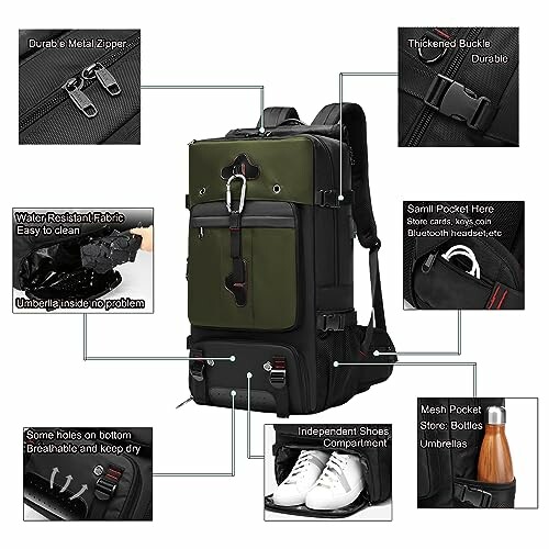 Multi-functional travel backpack with various compartments and features.