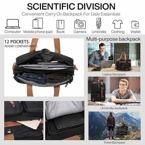 Multi-purpose backpack with 12 pockets for laptops, travel, and university use.