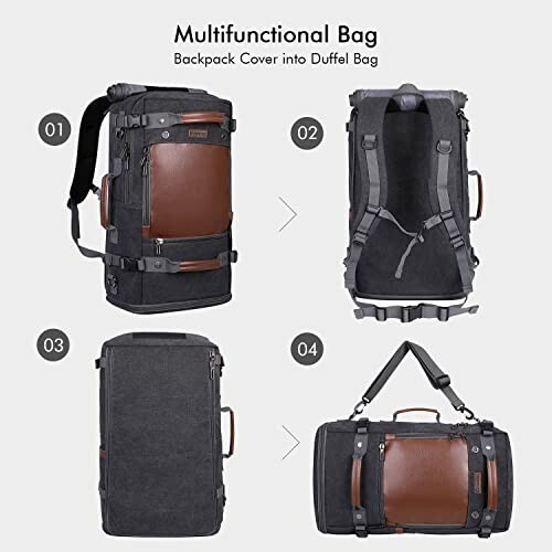 Multifunctional bag shown as backpack and duffel in four views.