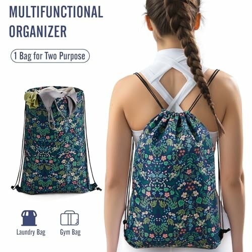 Person wearing a floral multifunctional bag, suitable for laundry and gym use.