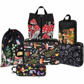 Collection of bags with mushroom patterns