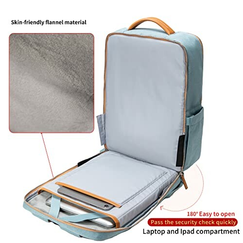 Open backpack showing laptop and iPad compartment with flannel lining.