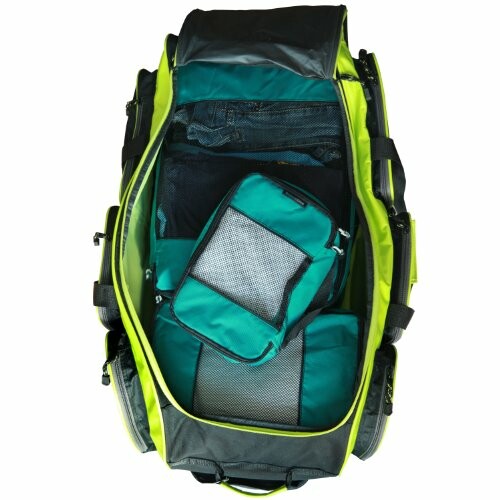 Open travel bag with packing organizers inside.