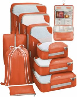 Set of orange packing cubes and organizers.