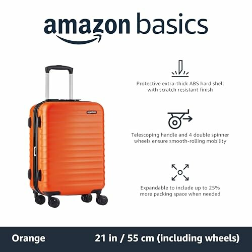 Orange Amazon Basics suitcase with telescoping handle and spinner wheels.