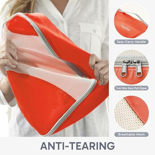 Orange travel packing cube with anti-tearing material and easy-pull zipper.