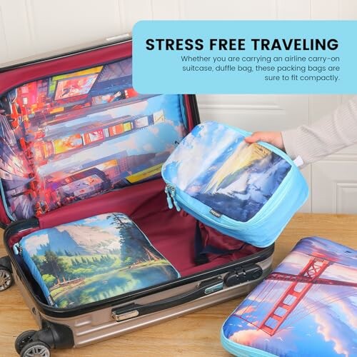 Open suitcase with colorful packing cubes inside.