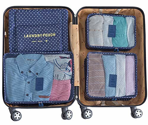 Open suitcase with neatly packed clothes in packing cubes.