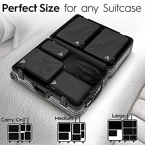 Black packing cubes neatly arranged in an open suitcase.