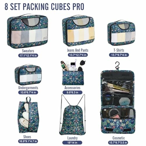 8-piece packing cubes set with various sizes for clothing and accessories.