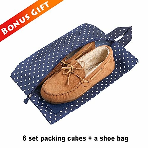 Brown shoe inside blue polka dot shoe bag with zipper.