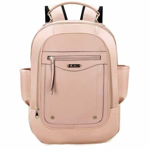 Front view of a pink backpack with multiple pockets.