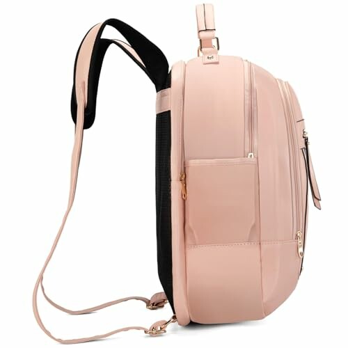 Side view of a pink backpack with multiple compartments.