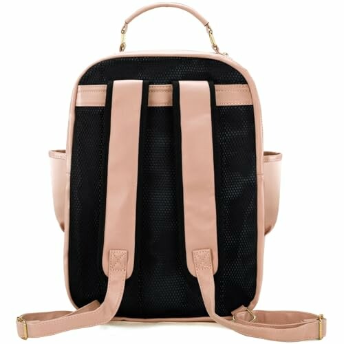 Back view of a pink and black backpack with adjustable straps.