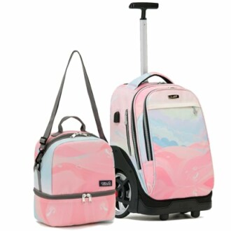 Pink rolling suitcase and matching bag with cloud pattern