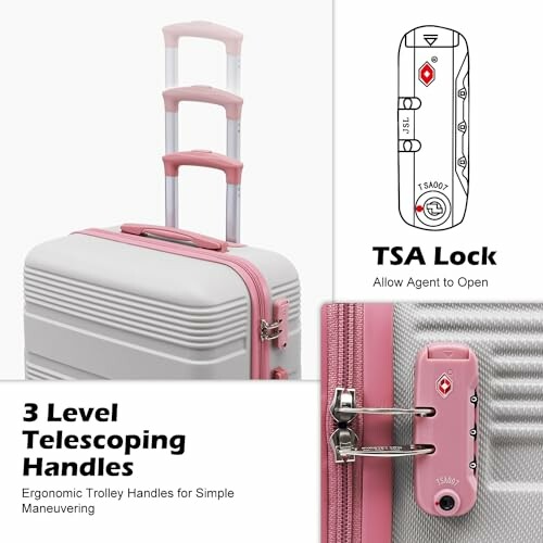 Pink suitcase with TSA lock and telescoping handles.