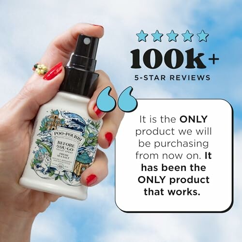 Hand holding Poo-Pourri bottle with positive review and 100k+ 5-star reviews.