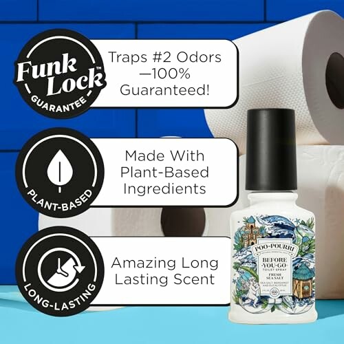 Poo-Pourri bottle with toilet paper rolls and product features: odor trapping, plant-based, long-lasting scent.