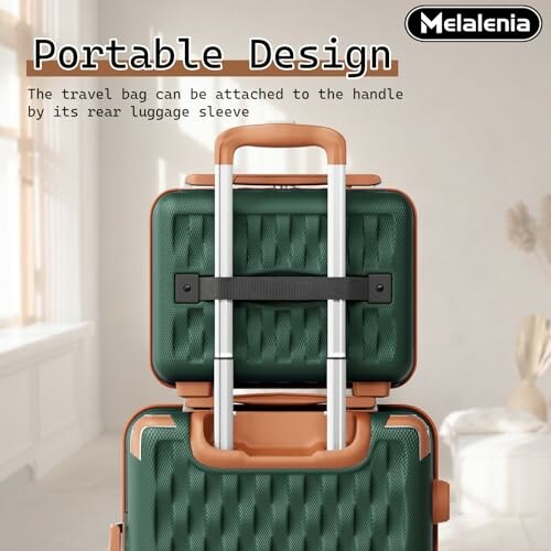 Green suitcase with portable design and luggage sleeve